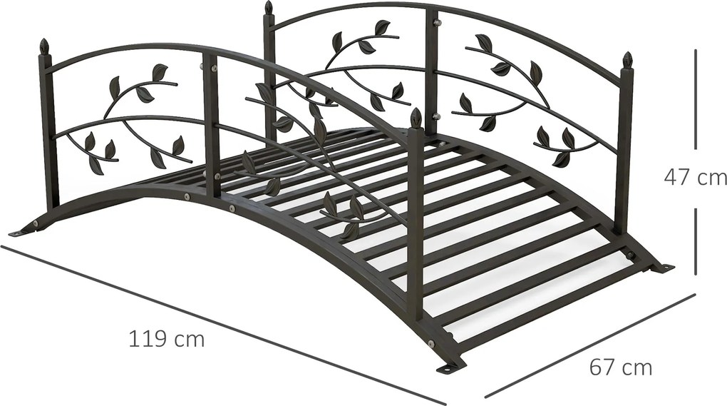 Ponte de jardim para lagoa, decoração de jardim 119 x 67 x 47 cm, com balaustrada com motivo de videira, em aço preto