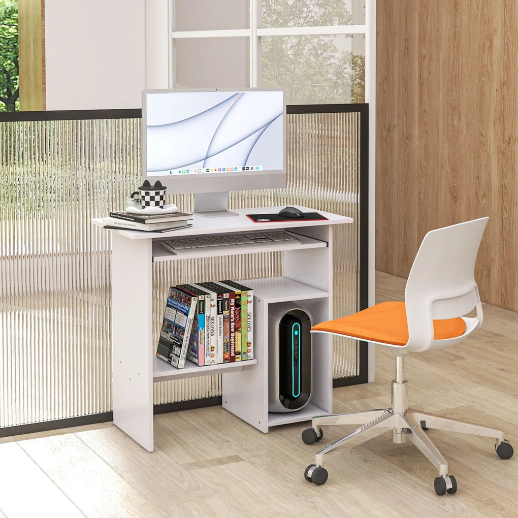 Secretária com arrumação, tabuleiro para teclado e suporte para monitor, 80 x 45 x 75 cm, branca
