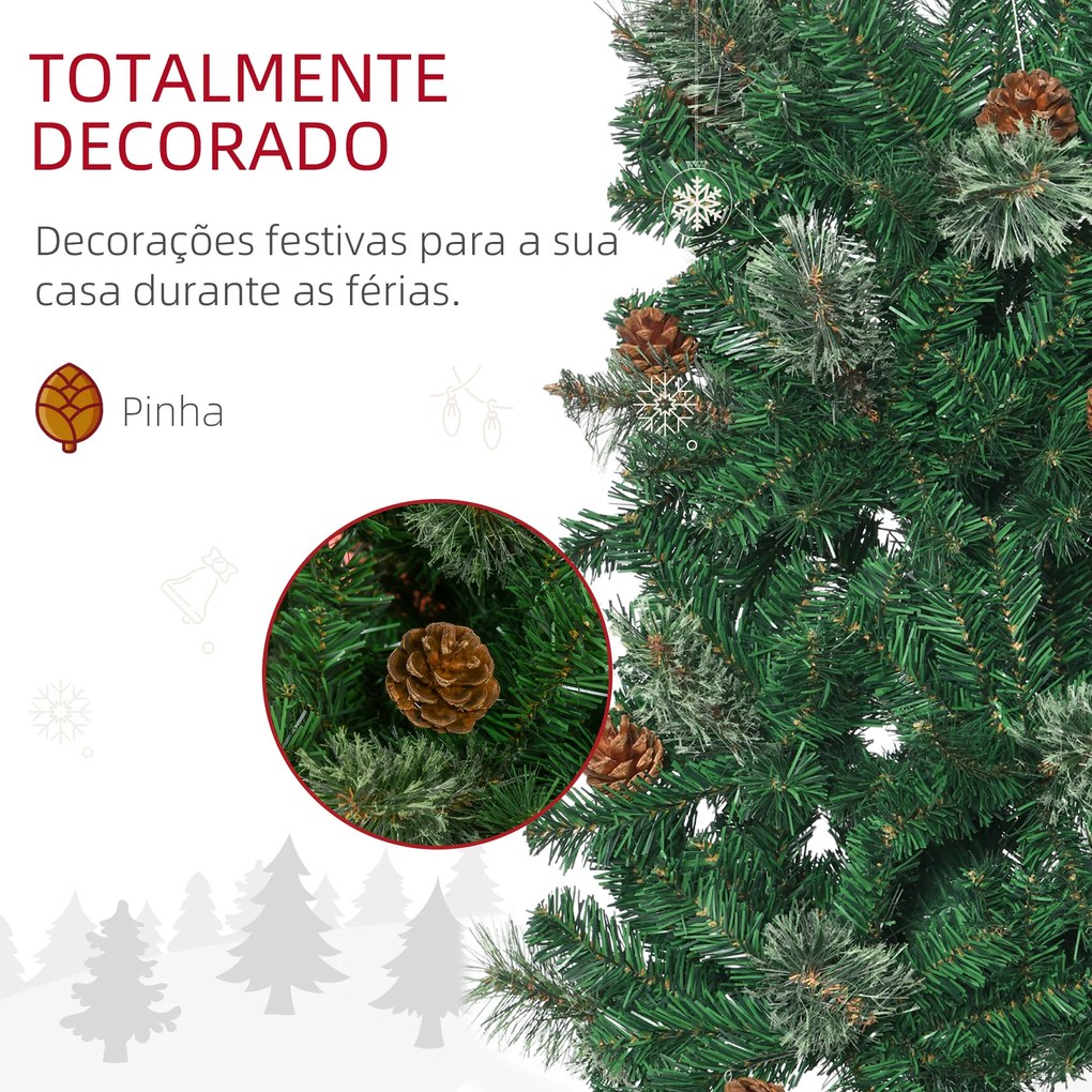 Árvore de Natal Artificial 195 cm Árvore de Natal com 556 Ramos Árvore de Natal Slim com 25 Pinhas Base Dobrável Ø54x195 cm Verde