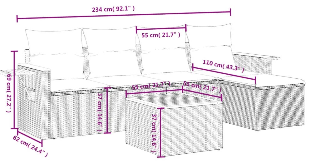 6 pcs conjunto sofás p/ jardim c/ almofadões vime PE cinzento