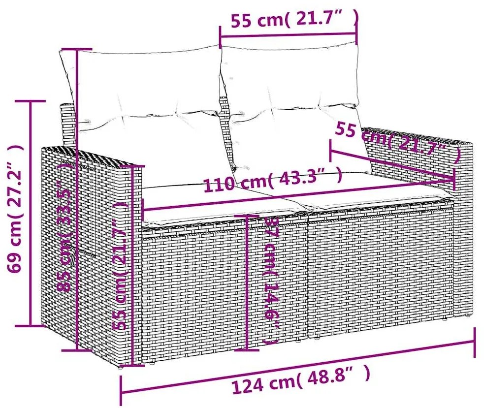 11 pcs conjunto sofás de jardim c/ almofadões vime PE cinzento