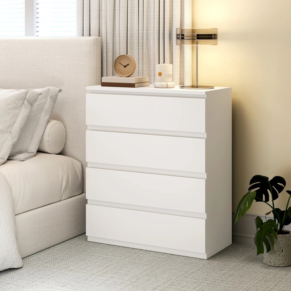 Cómoda com 4 gavetas 80 x 39 x 95 cm,, móvel de arrumação de linhas simples para o quarto, interior, em aglomerado branco