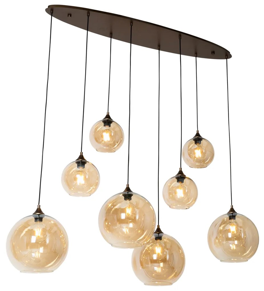 Candeeiro de suspensão Art Deco bronze escuro com vidro âmbar oval 8 luzes - Sandra Art Deco