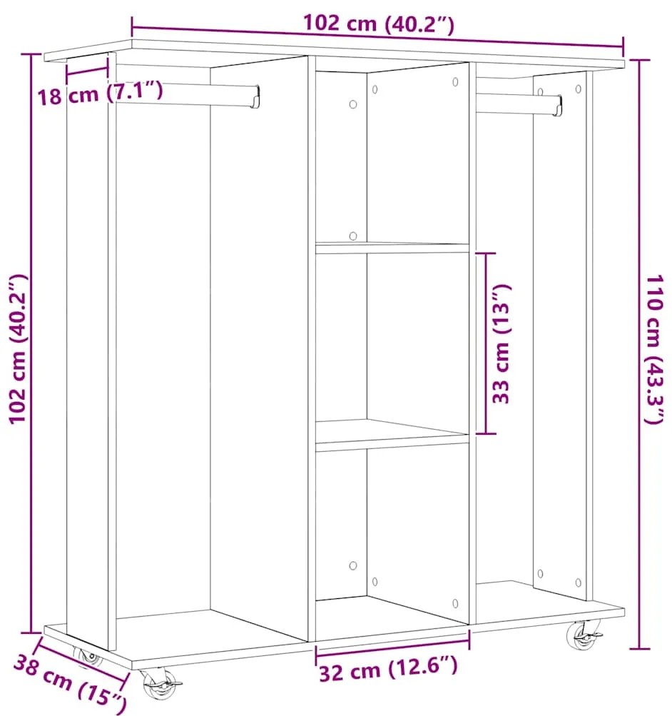 Guarda-roupa com rodas Carvalho Artesanal 102x38x110 cm Madeira Recons
