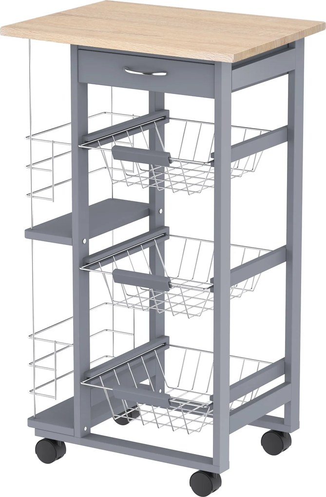 Carrinho Auxiliar com Rodas Carrinho de Cozinha com 3 Cestos Metálicos Gaveta 2 Suportes 47x37x83 cm Cinzento