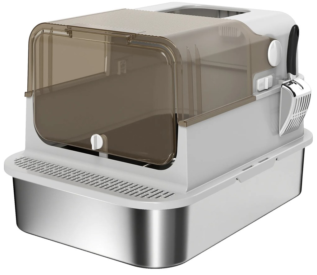 PawHut Caixa de Areia para Gatos em Aço Inoxidável para Gatos Grandes com Tampa Basculante Laterais Altas 70x50x46,5 cm Cinzento | Aosom Portugal