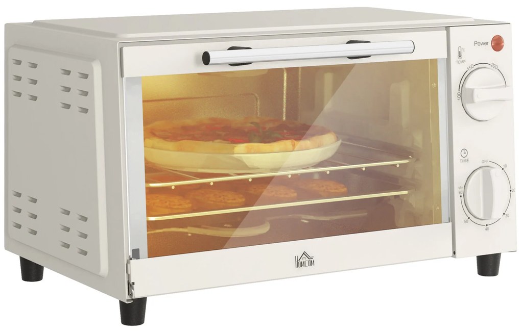 HOMCOM Mini Forno Elétrico 9L Forno Elétrico de Bancada 750W com Temperatura Ajustável até 230°C Temporizador 60 min e Bandeja para Assar Grelha 35x24,6x20 cm Creme