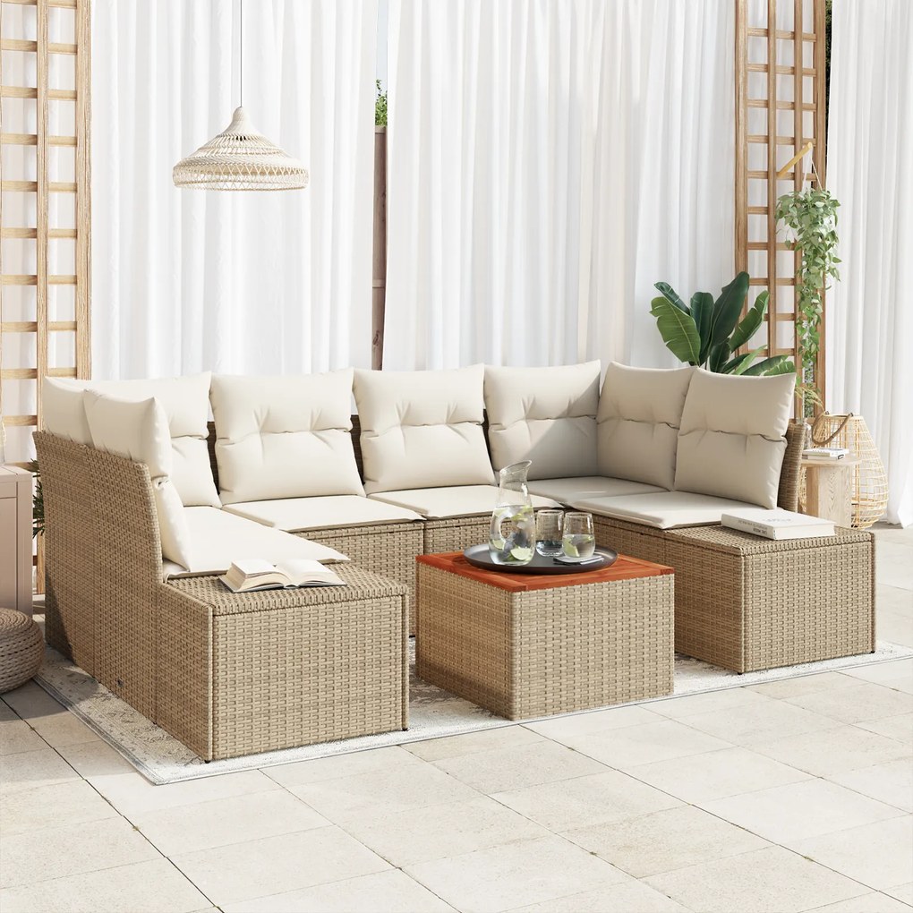 Conjunto de Sofá de Jardim de 7 Peças com Almofadas Bege em Vime Sinté