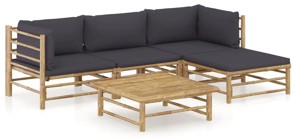 vidaXL 5 pcs conj. lounge jardim em bambu c/ almofadões cinza-escuro