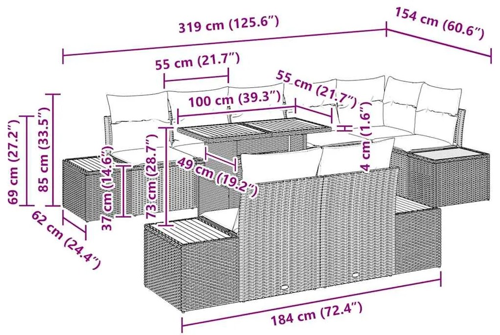 Conjunto de Jantar de Jardim de 9 Peças com Almofadas Cinza em Rattan