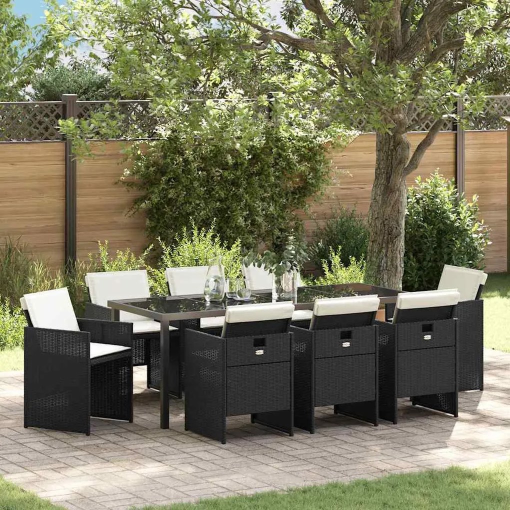vidaXL Conjunto de Jantar de Jardim com 9 peças e almofadas pretas de rattan sintético.