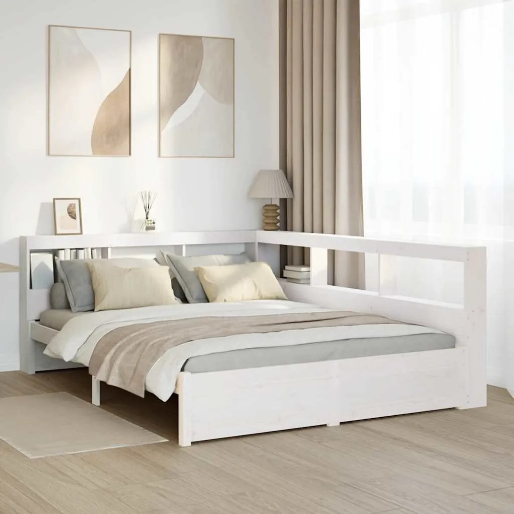 vidaXL Cama com estante sem colchão 140x190 cm pinho maciço branco