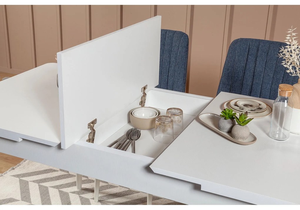 Conjunto de Mesa de Jantar Extensível e Cadeiras Vina – Branco e Azul