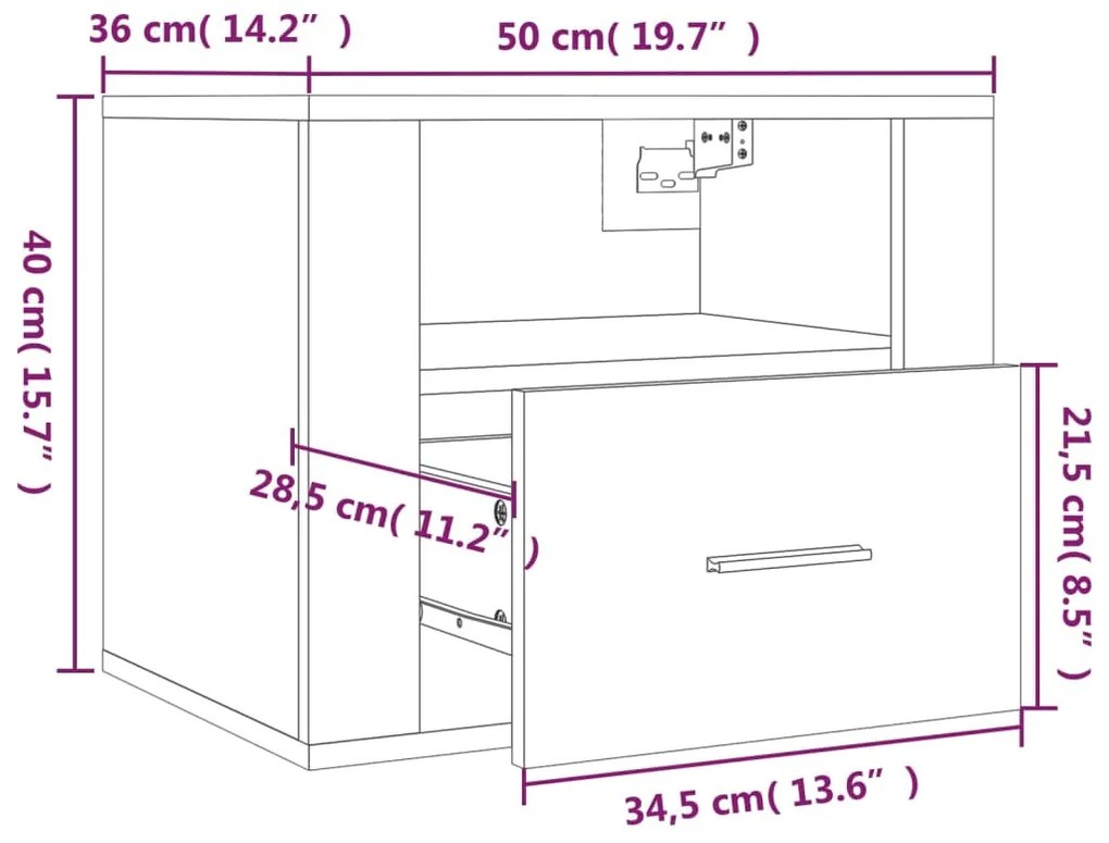 Mesas de cabeceira parede 2 pcs 50x36x40 cm branco brilhante