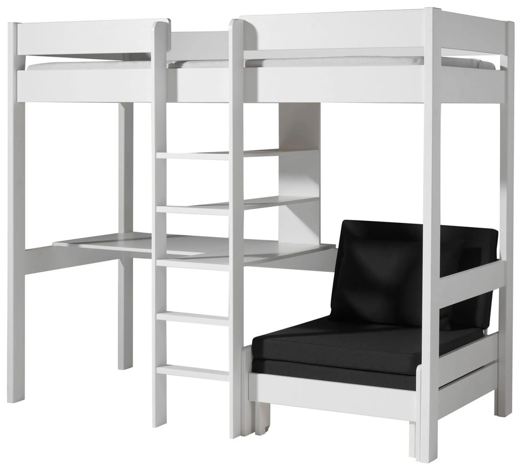 Conjunto Cama alta de Criança PINO 90 x 200 cm + estrado + escada + secretária + sofá-cama Branca