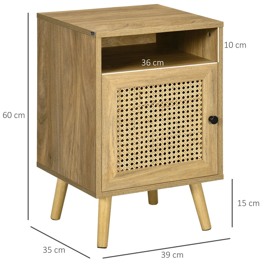 Conjunto de 2 Mesas de Cabeceira com Portas de Vime e Prateleira Aberta Mesa Auxiliar 39x35x60 cm Madeira