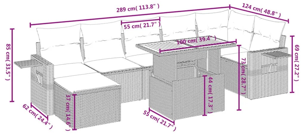 8 pcs conjunto de sofás p/ jardim com almofadões vime PE bege