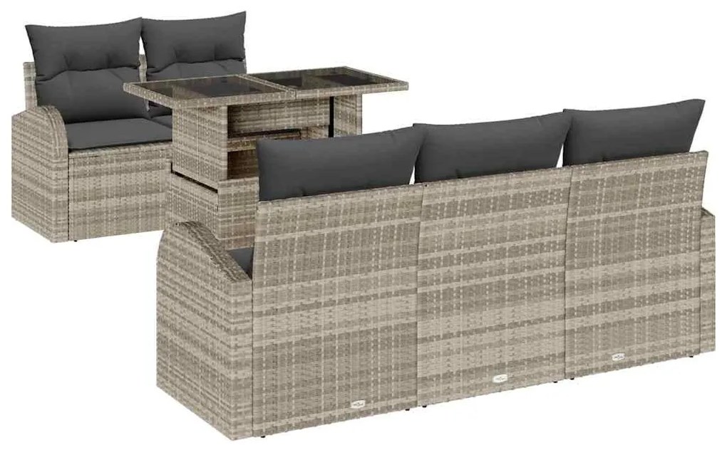 Conjunto de sofá de jardim com 6 peças e almofadas cinza claro de poli