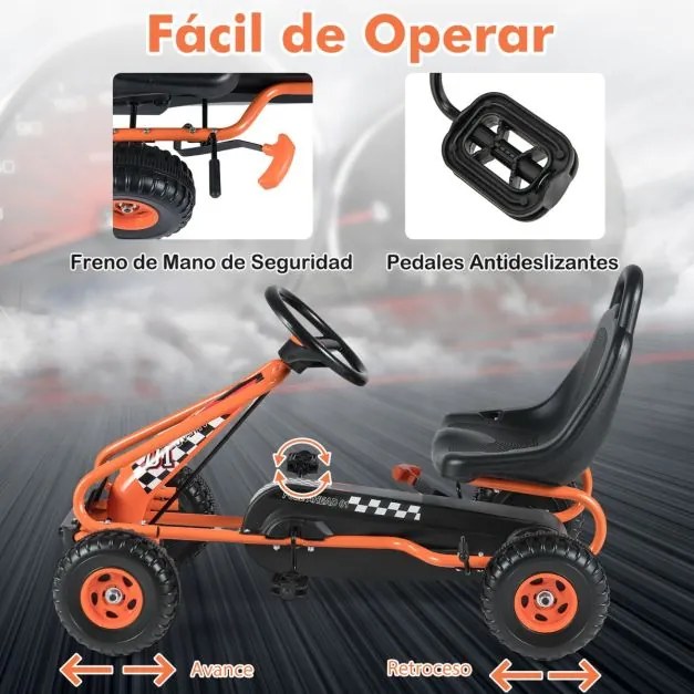 Kart a pedais para crianças com 4 rodas antiderrapantes, assento envolvente e travão de mão 92 x 50 x 53 cm Laranja