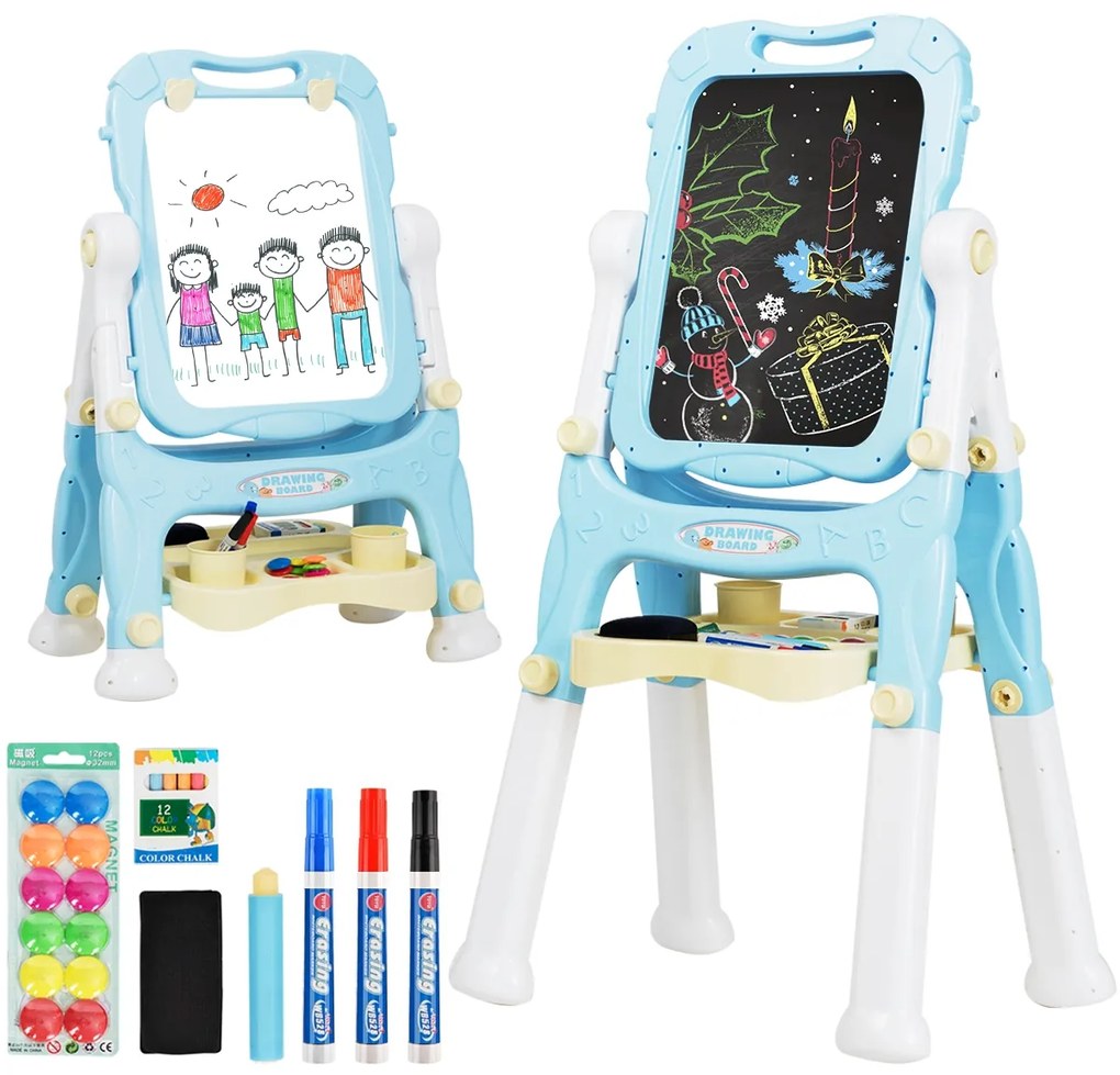 Quadro Branco Infantil Magnético de Dupla Face Altura Ajustável Quadro Branco com Acessórios Azul