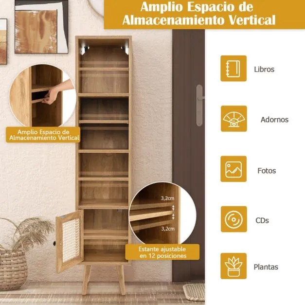 Armário de arrumação em rattan Armário de arrumação autónomo com porta Estante ajustável para sala de estar 29,5 x 29,5 x 137 cm Natural