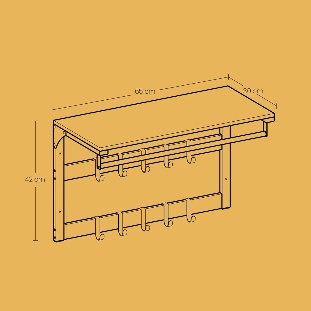 Cabide de parede com 10 ganchos removíveis 30 x 65 x 42 cm branco + preto
