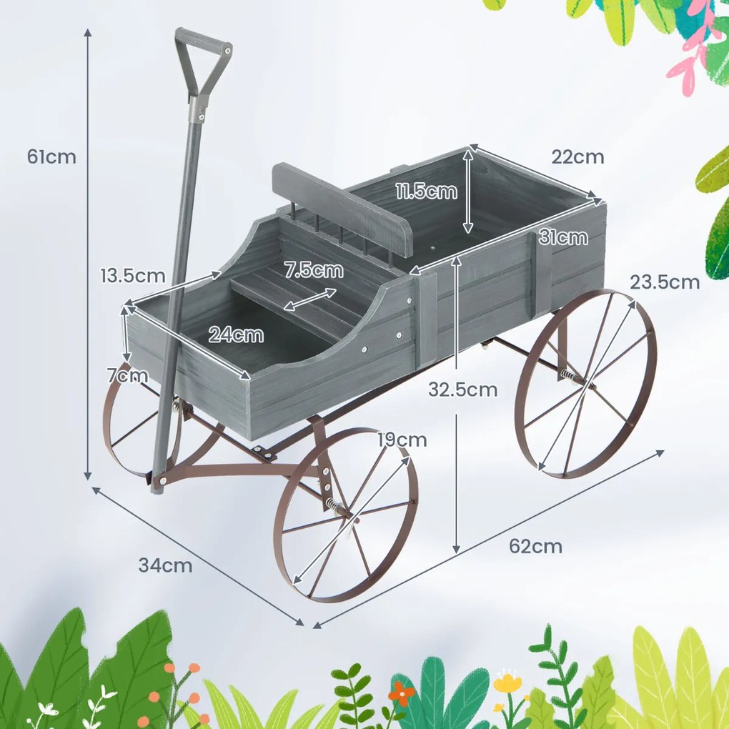 Carrinho floreira de madeira decorativo com rodas e 2 secções para plantas Jardim Pátio 62 x 34 x 60 cm Cinzento