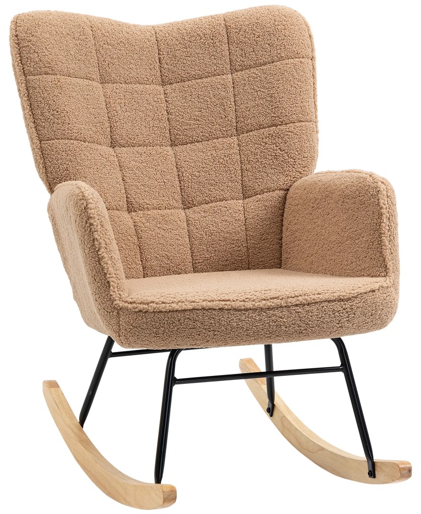 HOMCOM Poltrona de Balanço Estofada em Madeira e Aço com Revestimento Bouclé 71x98x101 cm Marrom | Aosom Portugal