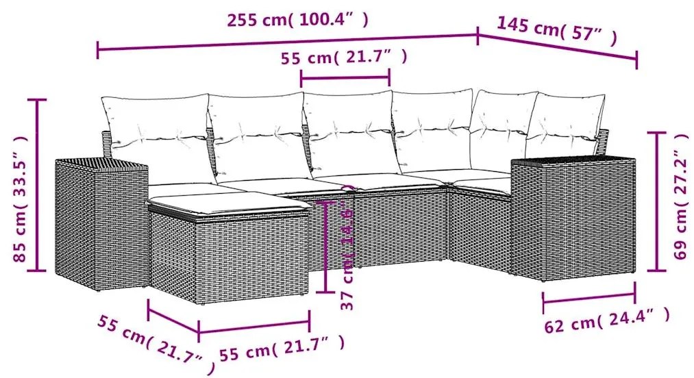 6 pcs conjunto de sofás p/ jardim com almofadões vime PE bege