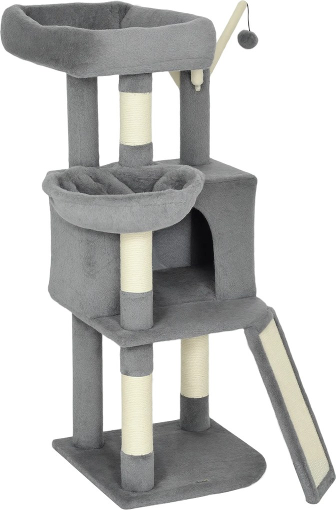 Arranhador para gatos com torre de brincadeiras, arranhadores e tapetes de sisal, plataforma, compartimentos abertos, rede, 40,5 x 40,5 x 103 cm, cinz
