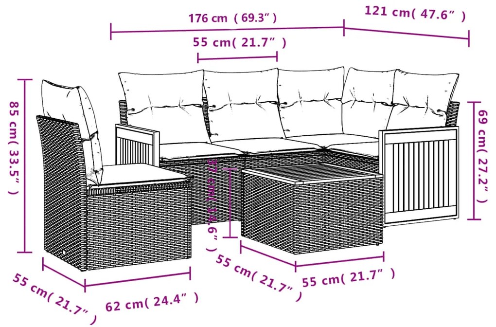 6 pcs conjunto sofás de jardim com almofadões vime cinzento