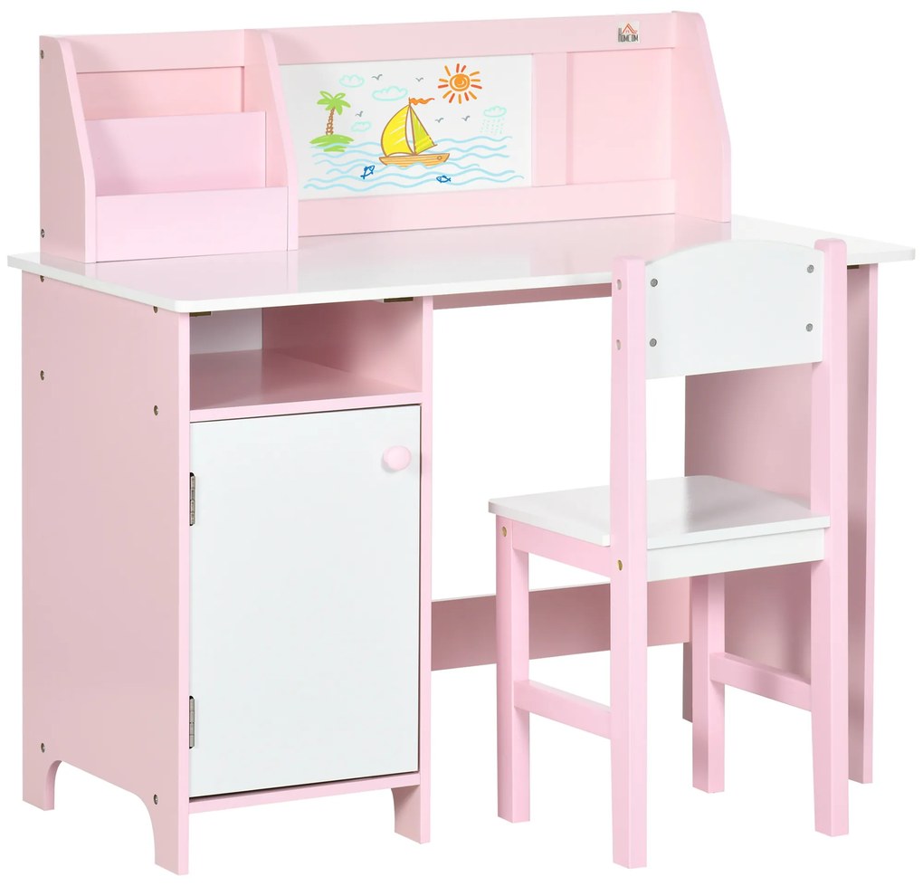 HOMCOM Conjunto de Mesa e Cadeira Infantil de Madeira com Quadro Branco Mesa de Estudo para Crianças acima de 5 Anos 90x45x85cm Rosa | Aosom Portugal