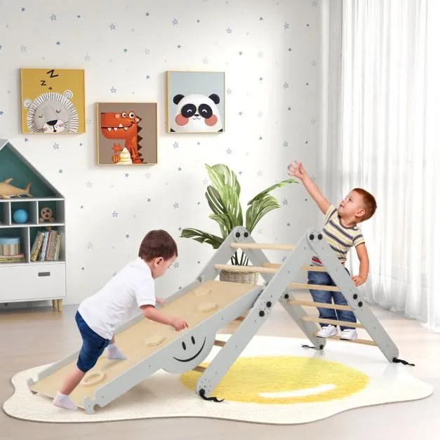 Conjunto de Escalada Montessori de Madeira para crianças Dobrável com Rampa Ajustável Reversível Cinzento