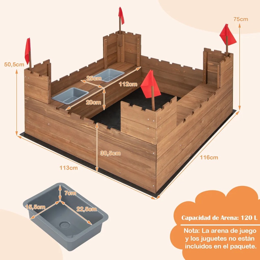 Caixa de areia de madeira para crianças a partir de 3 anos com caixa de armazenamento de banco e bandeiras para jardim e praia 113 x 116 x 75 cm Casta