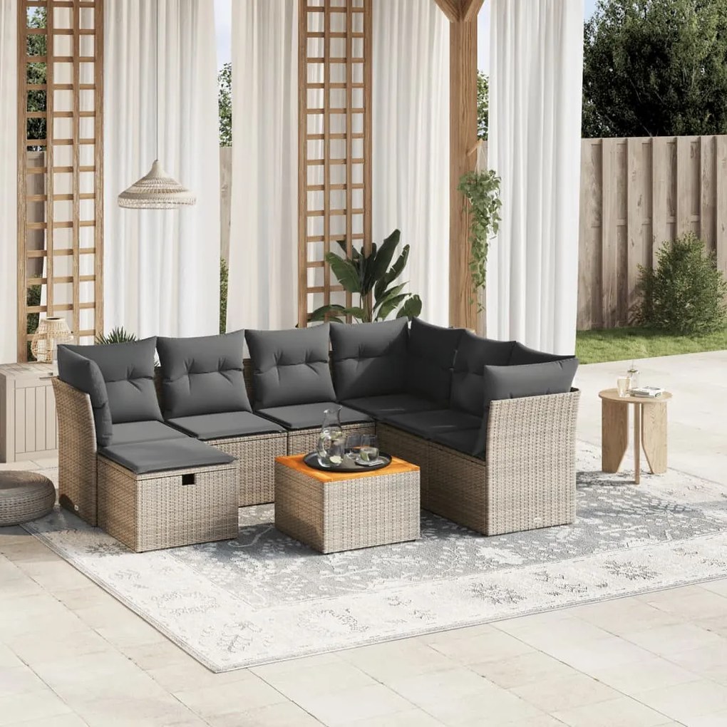 vidaXL 8 pcs conjunto sofás de jardim c/ almofadões vime PE cinzento