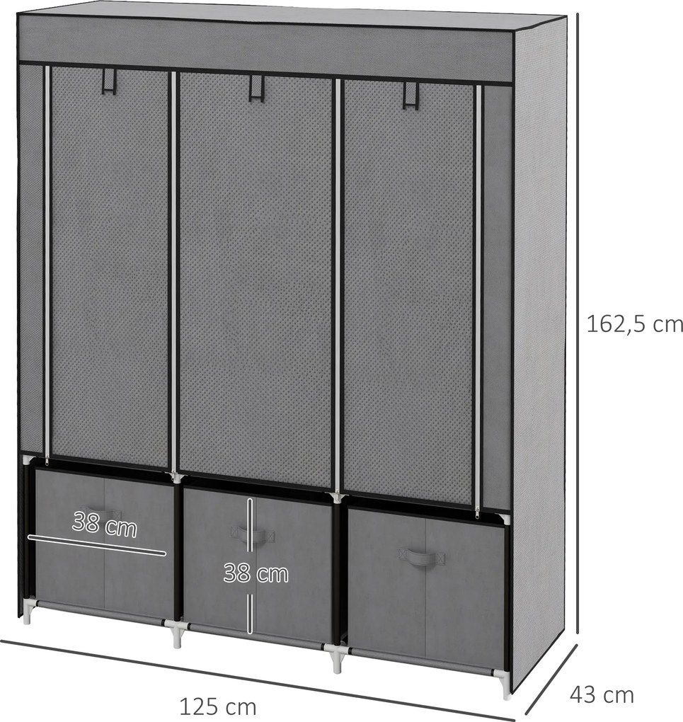 Guarda Roupa dobrável em tecido com 5 prateleiras, 2 varões e 3 gavetas em tecido 125 C x 43 L x 162,5 A cm Cinzento