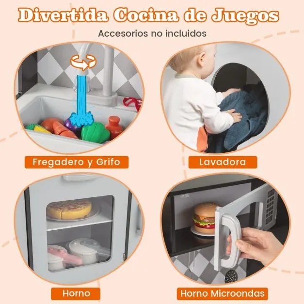 Cozinha de brincar em madeira 91 x 30 x 102 cm com máquina de gelo, fogão, máquina de lavar, forno, micro-ondas, sons e luzes reais para crianças com