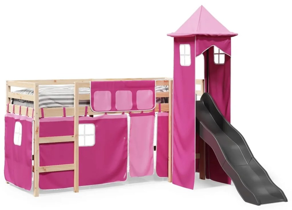 Cama alta para criança com torre 80x200 cm pinho maciço rosa