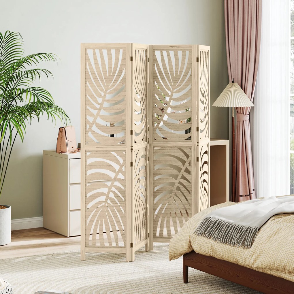 Biombo de interior em madeira com 4 painéis, 160 x 170 cm, dobrável e portátil, com padrão de folhas, design removível, madeira natural