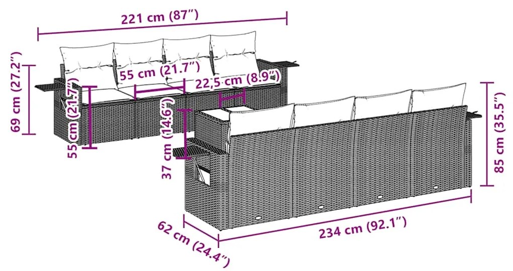 9 pcs conjunto de sofás p/ jardim c/ almofadões vime PE preto