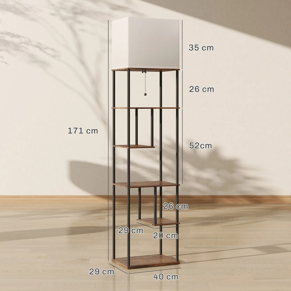 Candeeiro de pé com prateleiras 40 x 29 x 171 cm, candeeiro de pé para sala com regulador de intensidade, comando à distância, castanho rústico