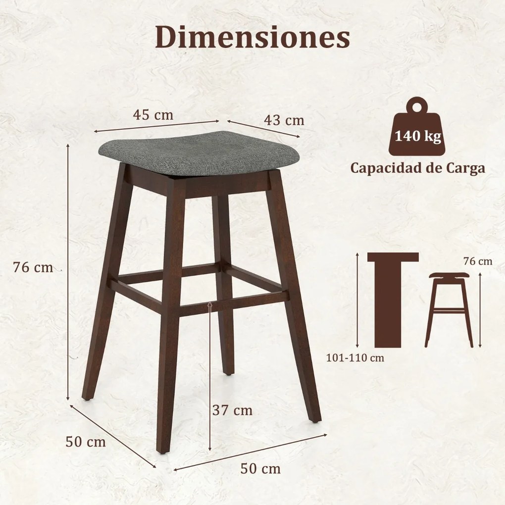 Conjunto de 2 bancos 50 x 50 x 76 cm giratórios de bar 360° com assento acolchoado, apoio para os pés e pernas em madeira de borracha