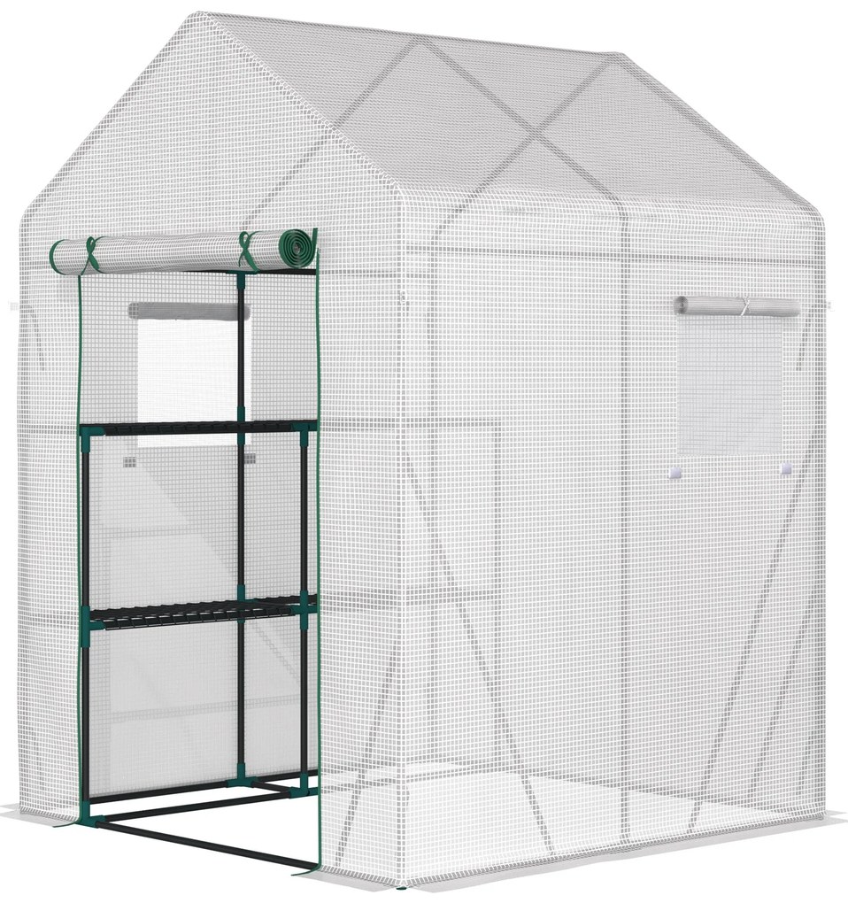 Estufa de Jardim 143x143x195cm Estufa de Aço com 2 Prateleiras Porta e 2 Janelas Enroláveis para Cultivo de Plantas Vasos de Flores Pátio Exterior Bra