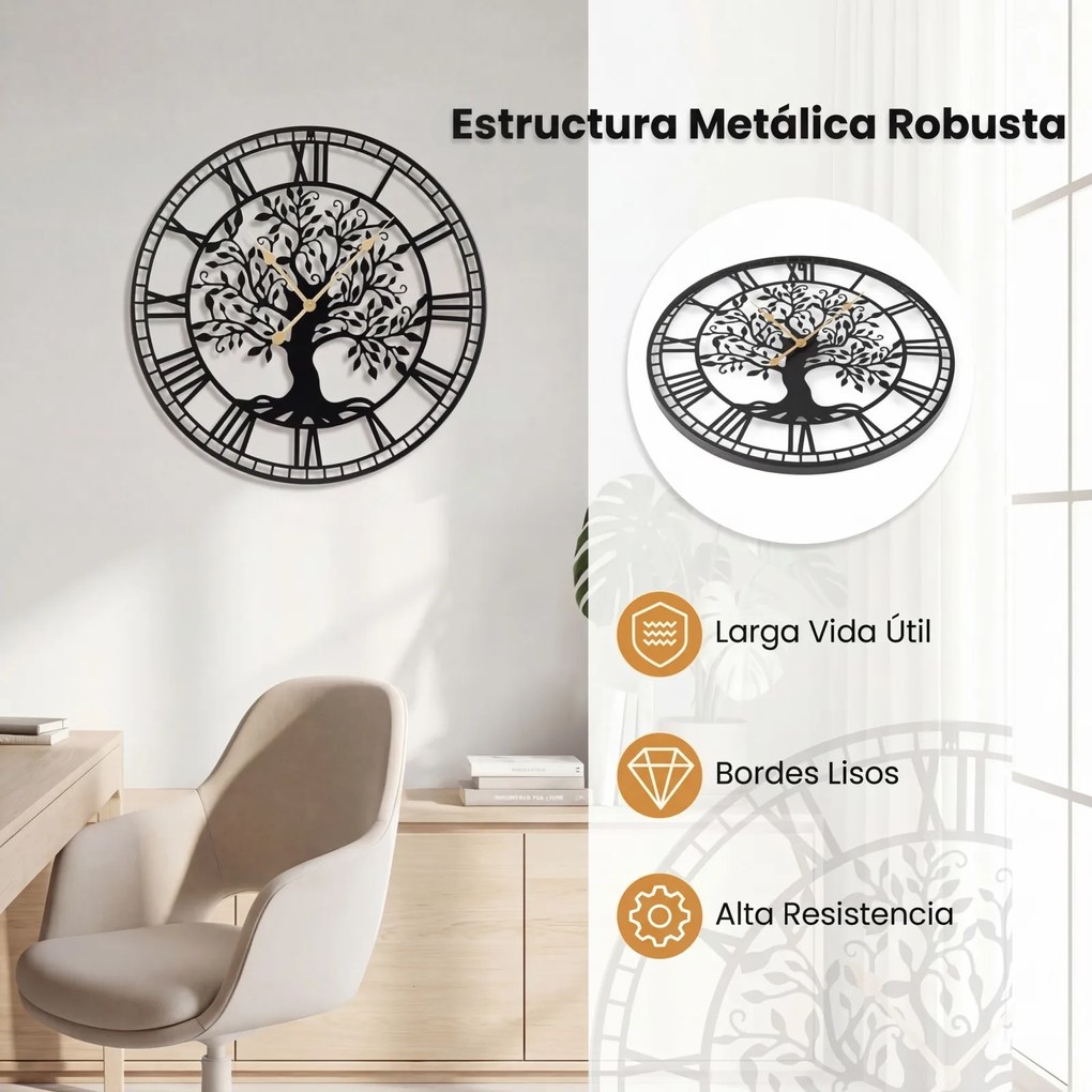 Relógio de parede grande «Árvore da Vida», 68 cm, em metal, silencioso, a pilhas, decoração para sala, quarto e cozinha, preto