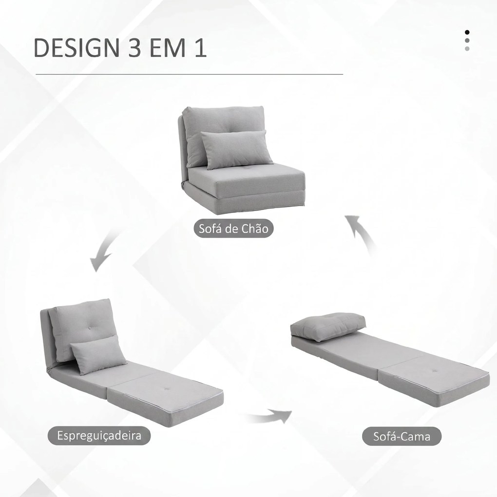 Sofá-Cama Individual Dobrável Revestido em Linho com Encosto Ajustável 5 Posições 1 Almofada Cinzento Claro