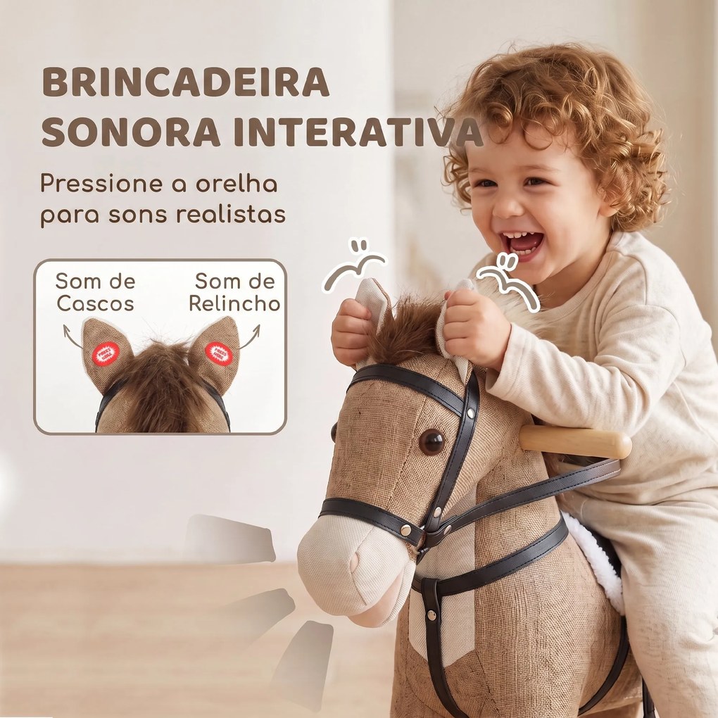 Cavalo de Baloiço com Sons, Pegas de Segurança e Base de Madeira, 12-36 Meses, Castanho-Escuro