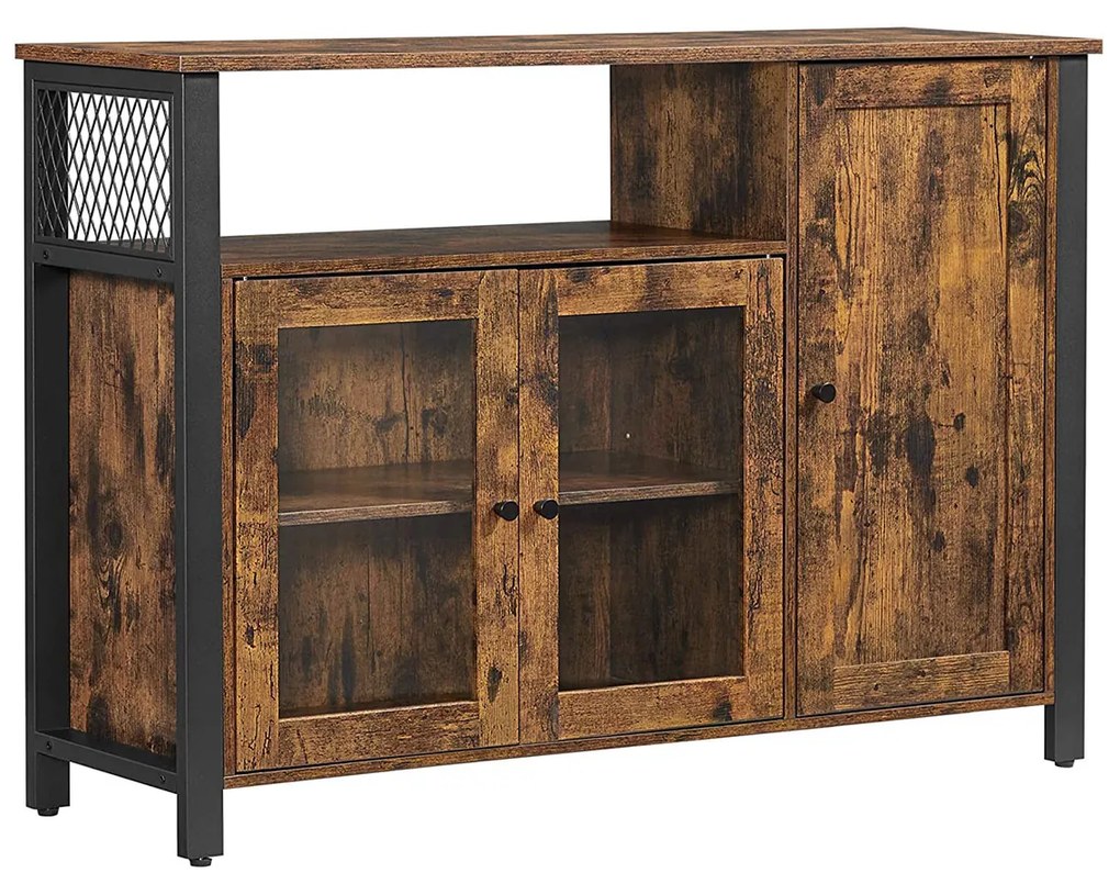 Buffet com portas transparentes em estilo rústico para a sala. | VASAGLE | 110 x 33 x 75 cm | preto | LSC096B01.