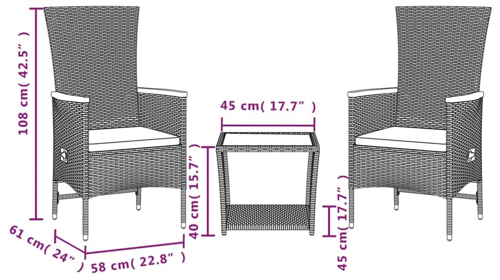 3 pcs conjunto de jantar p/ jardim c/ almofadões vime PE preto