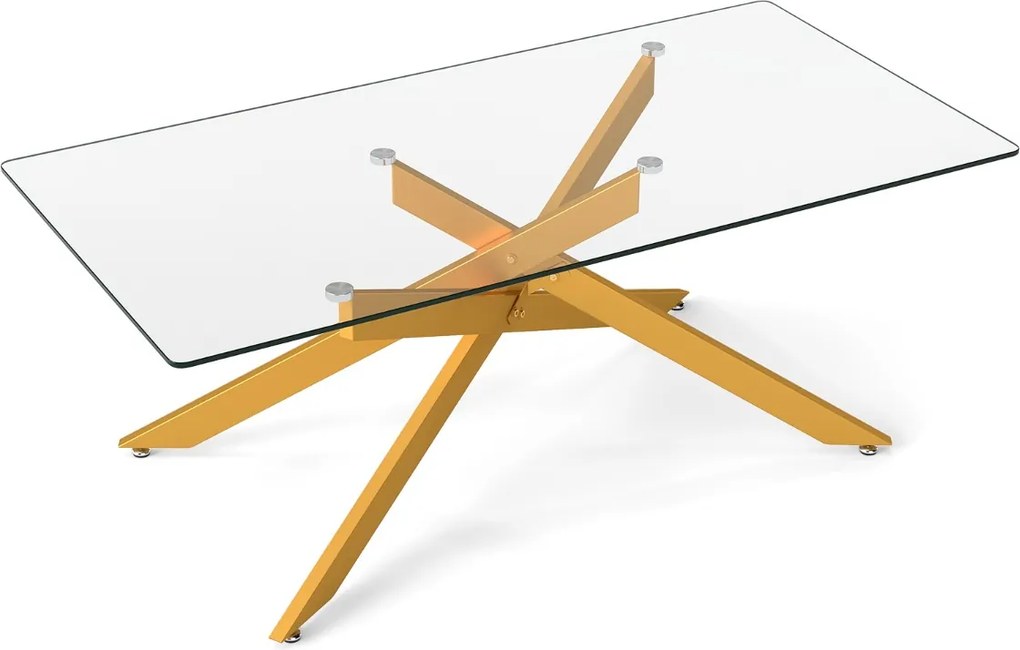 Mesa de centro 120 x 60 x 45,5 cm retangular com tampo de vidro e pernas tubulares modernas para sala de estar transparente e dourada