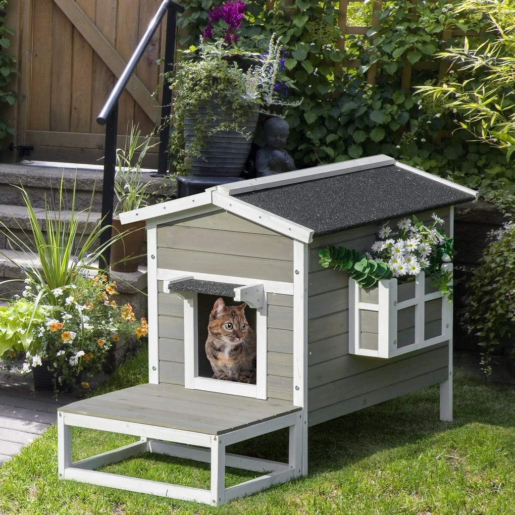 Casinha para gatos com compartimentos abertos externos elevados e terraço impermeável em madeira, 115 x 66,5 x 74,7 cm, cinzenta
